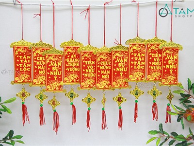 Set 10 dây liễn chữ nhật in chữ bản 6cm treo cây mai đào Tết (30cm) T-PKTMD-55